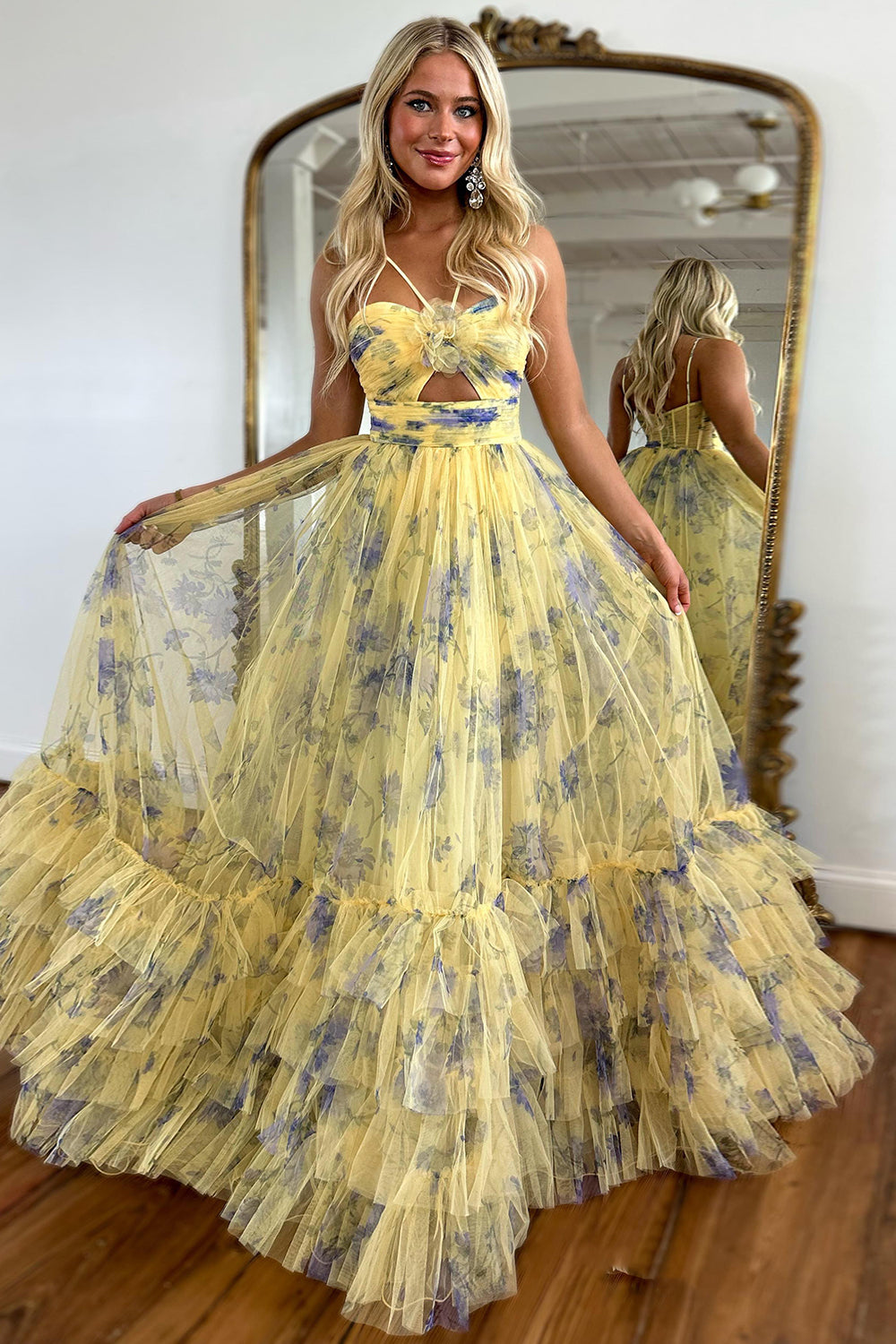 A Line Yellow Spaghetti Straps Floral Tulle Long Prom Dress