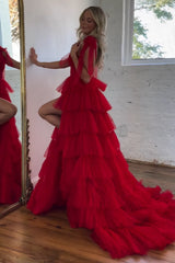 A Line Red V-Neck Tiered Tulle Long Prom Dres with Slit