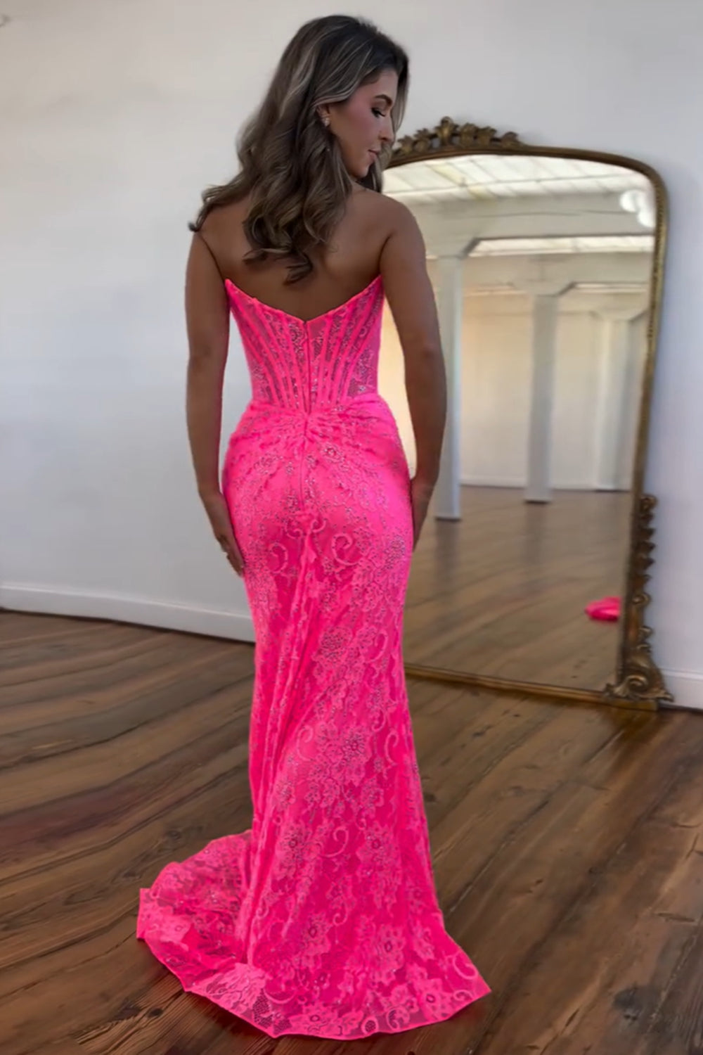 Sparkly Mermaid Hot Pink Strapless Corset Prom Dress with Appliques