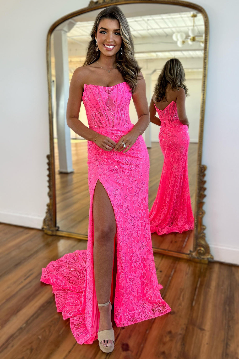 Sparkly Mermaid Hot Pink Strapless Corset Prom Dress with Appliques