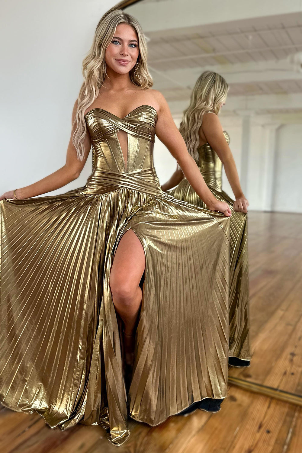 Golden A Line Metallic Corset Long Prom Dress with Slit