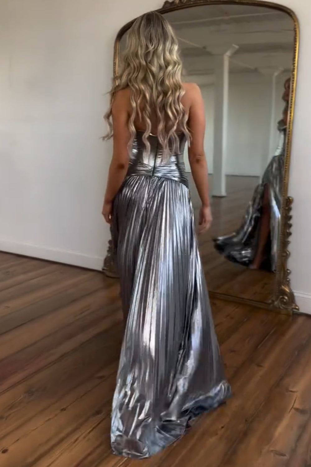 Golden A Line Metallic Corset Long Prom Dress with Slit