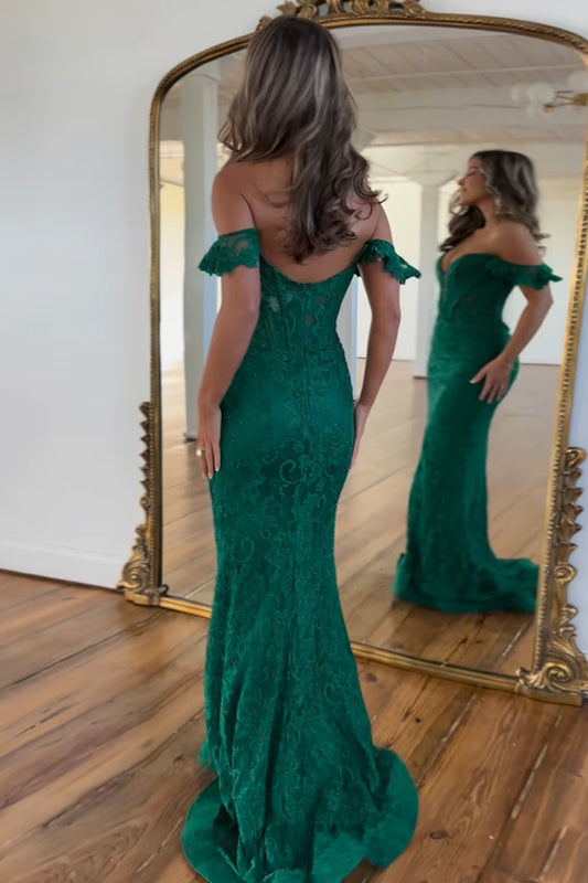 Sparkly Dark Green Off The Shoulder Mermaid Corset Long Prom Dress