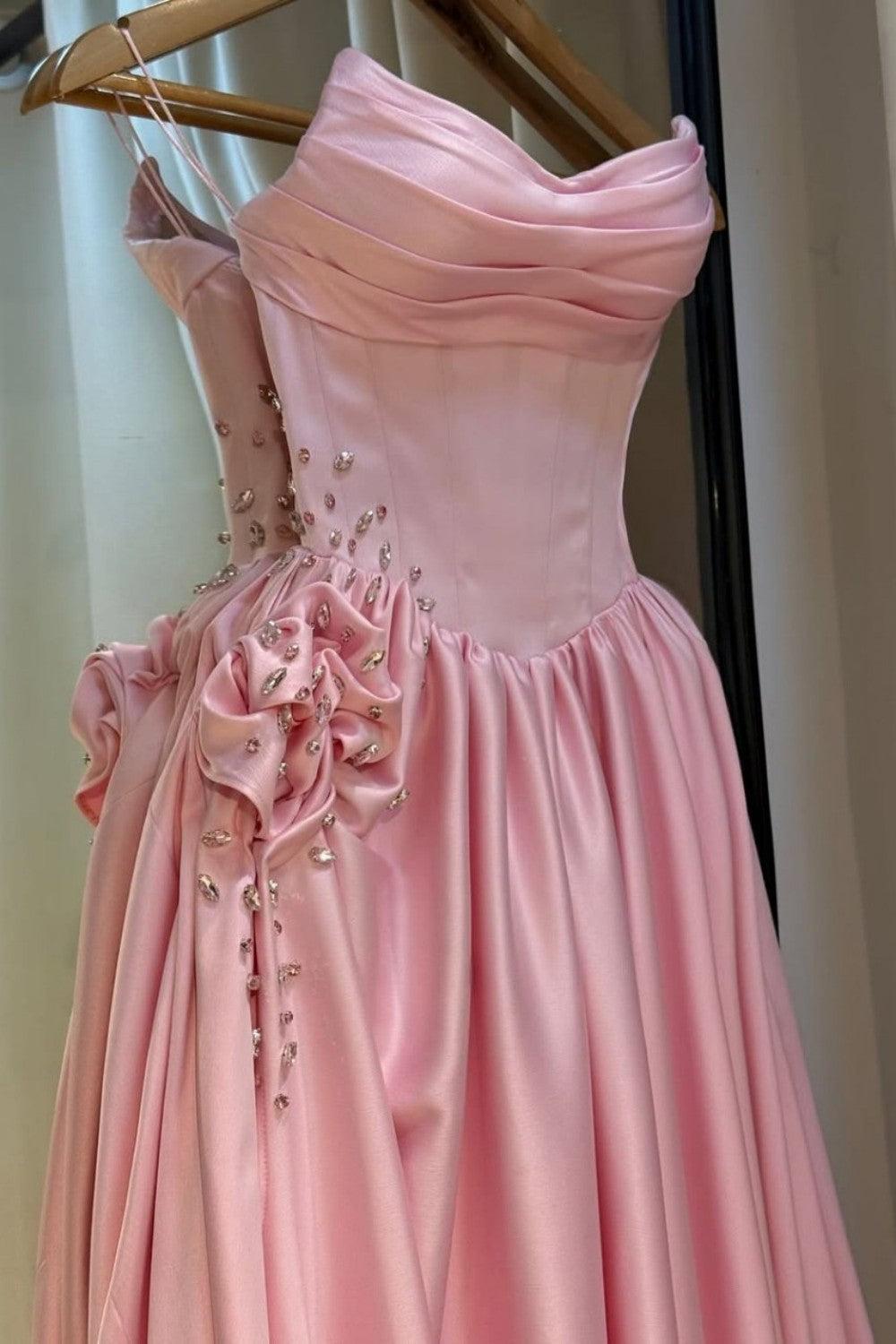 Pale Pink Satin Strapless Homecoming Dress With Rhinestone 3D Flower And High Slit Formal Evening Gown