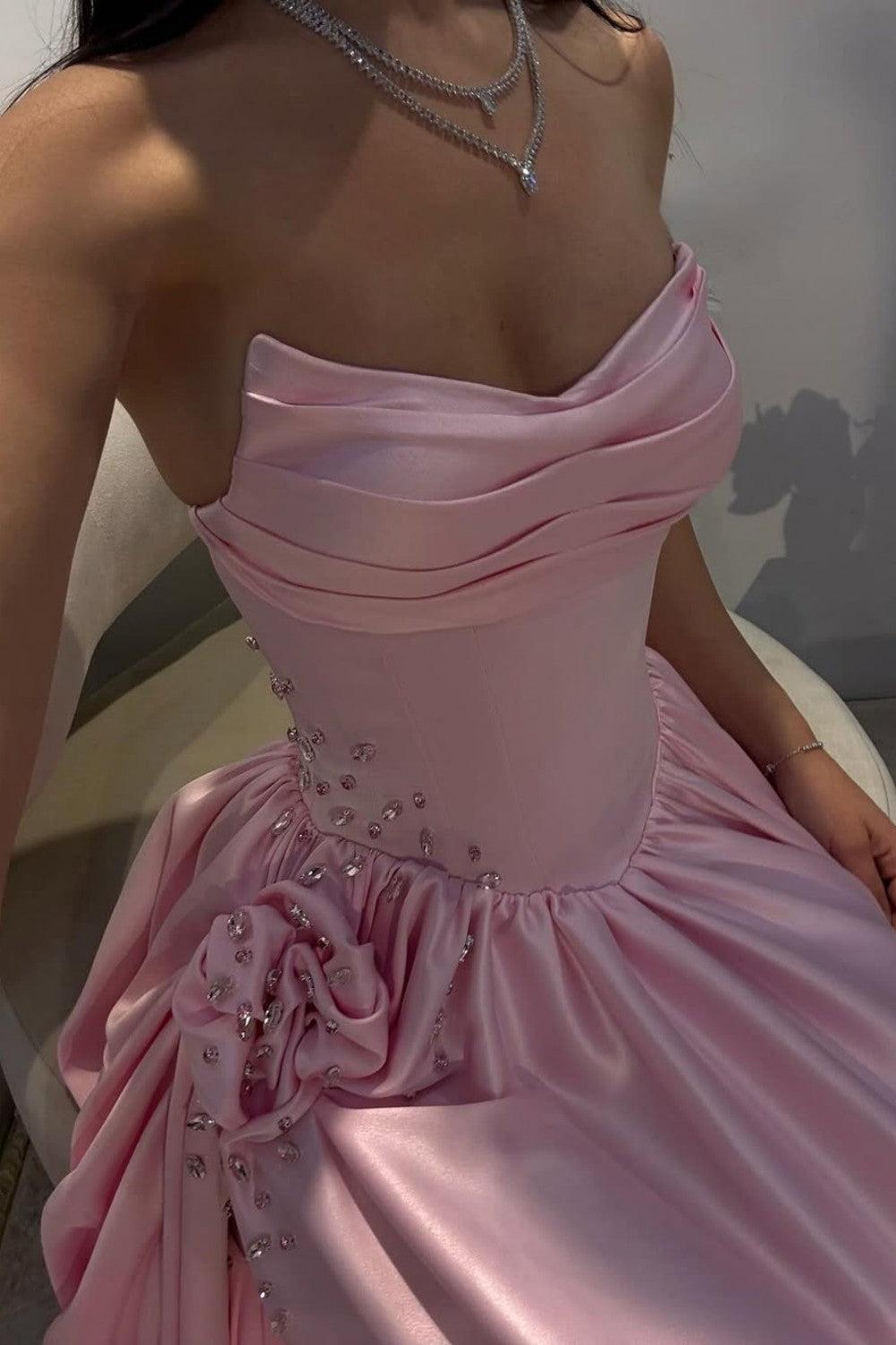 Pale Pink Satin Strapless Homecoming Dress With Rhinestone 3D Flower And High Slit Formal Evening Gown