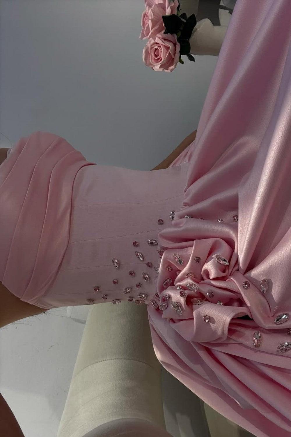 Pale Pink Satin Strapless Homecoming Dress With Rhinestone 3D Flower And High Slit Formal Evening Gown