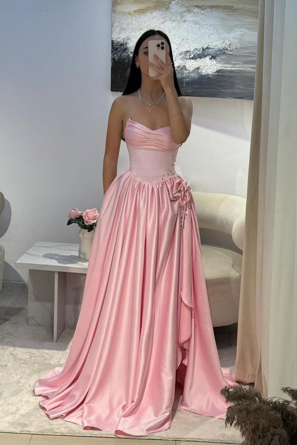 Pale Pink Satin Strapless Homecoming Dress With Rhinestone 3D Flower And High Slit Formal Evening Gown