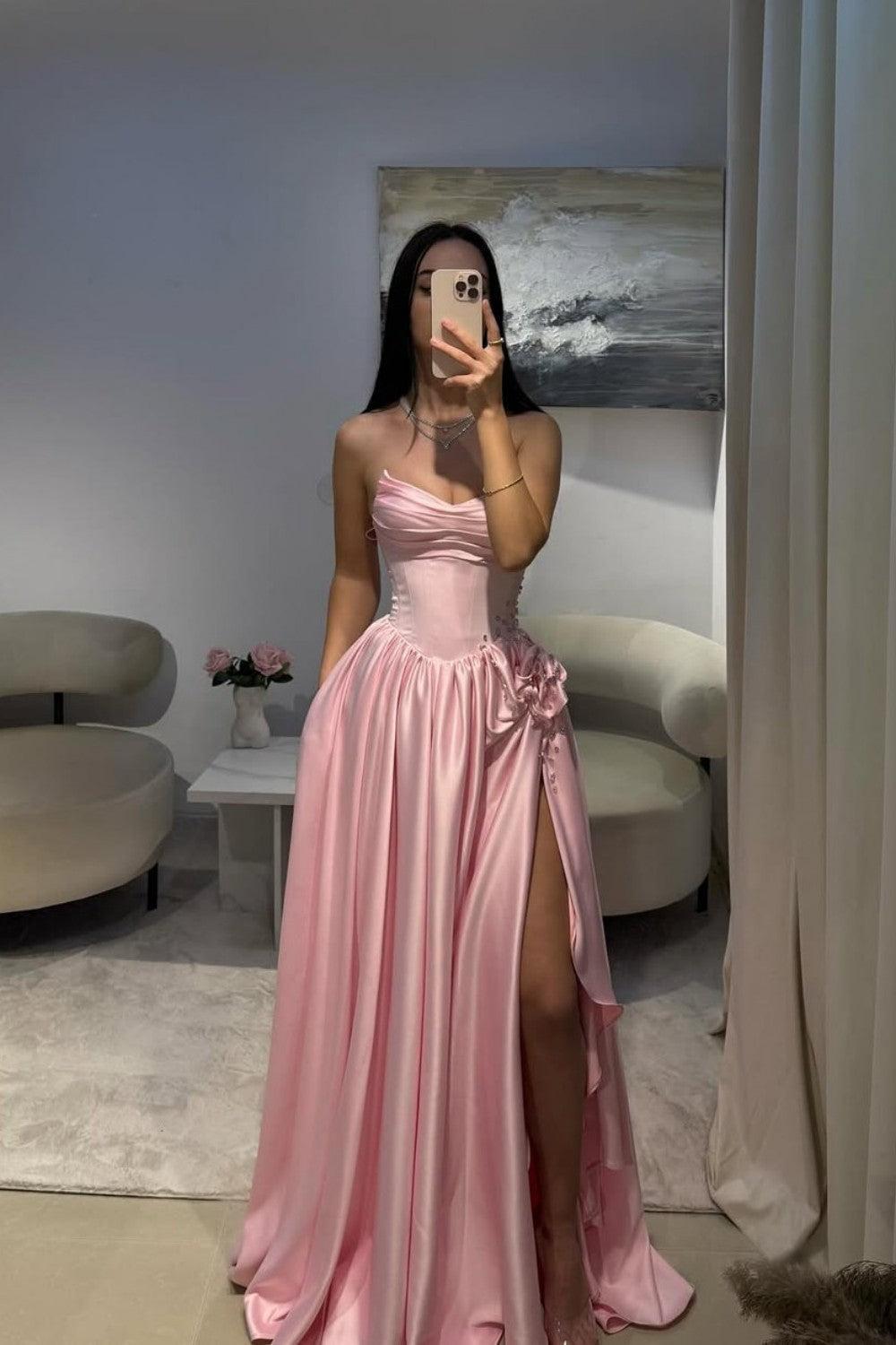 Pale Pink Satin Strapless Homecoming Dress With Rhinestone 3D Flower And High Slit Formal Evening Gown