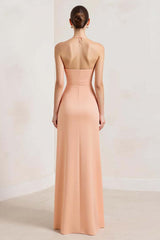 Peach Formal Dress Sheath Chiffon Deep V-Neck Ruched Long Wedding Guest Dress
