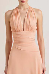 Peach Formal Dress Sheath Chiffon Deep V-Neck Ruched Long Wedding Guest Dress