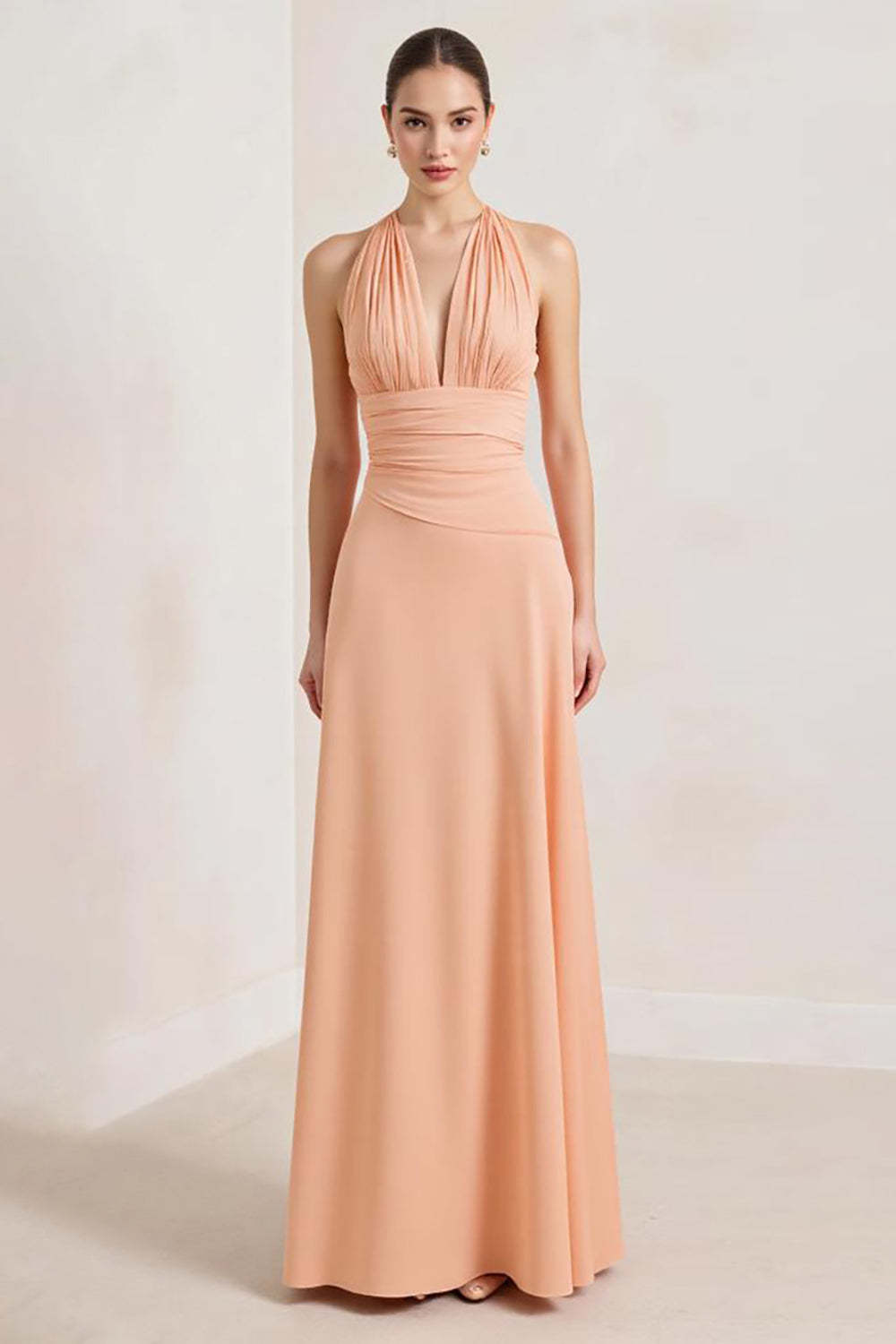 Peach Formal Dress Sheath Chiffon Deep V-Neck Ruched Long Wedding Guest Dress