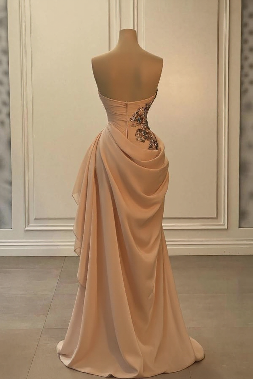 Peach Strapless Sweetheart Satin Chiffon Sleeveless Formal Dress With Beads
