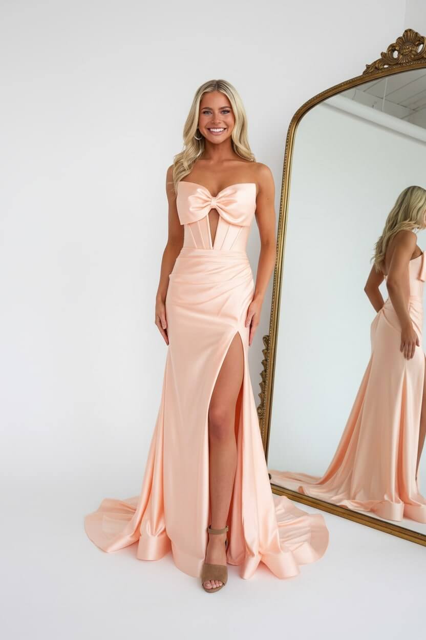 Dreamyannie Corset Red Prom Dress Satin Sweetheart Formal Dress With Slit