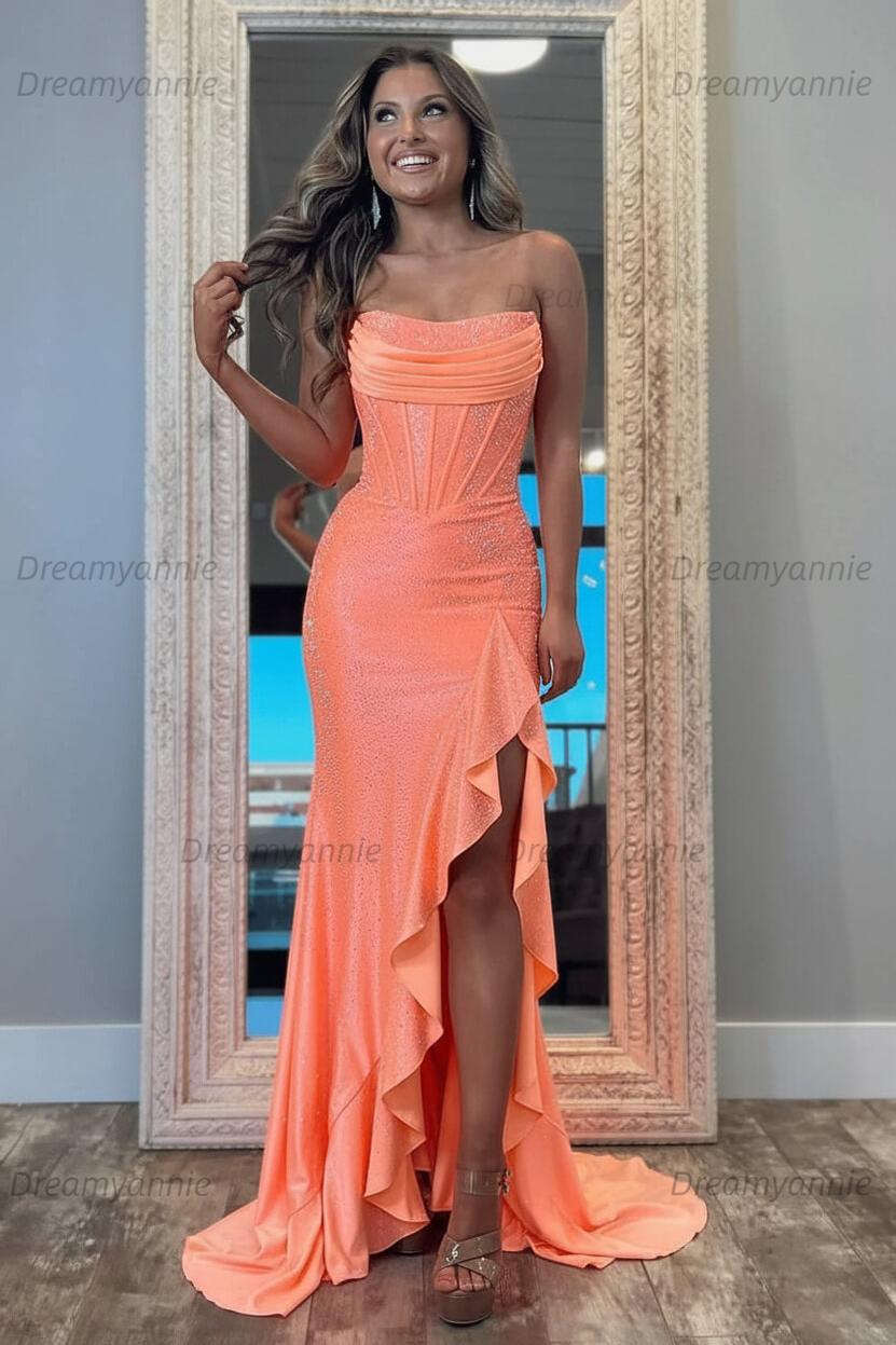 Hot Pink Beaded Prom Dress Strapless Corset Ruffled Formal Dress With Slit