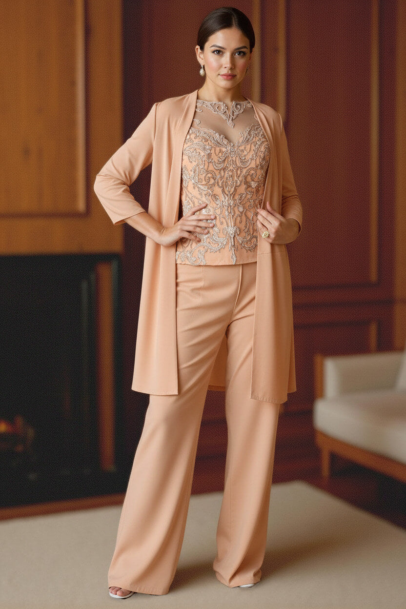 Dreamyannie Light Blue Bateau Neck Chiffon 3 Piece Mother Of The Bride Pant Suits With Jacket