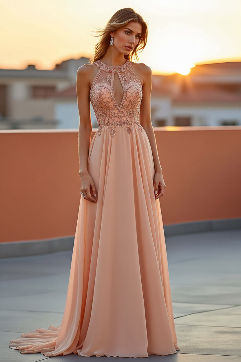 Dreamyannie Beaded Navy Wedding Guest Dress Halter Long Formal Dress With Embroideries