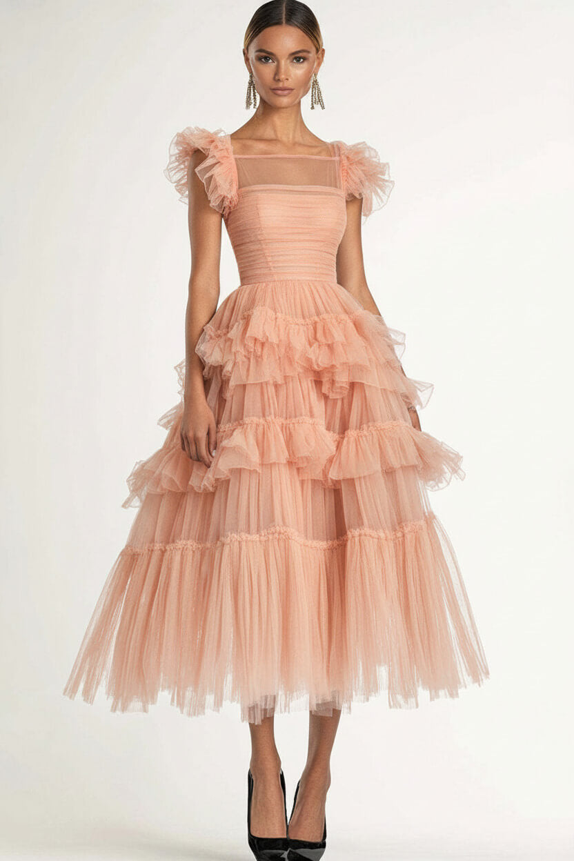 Dreamyannie Tea Length Black Wedding Guest Dress A-Line Flatter Sleeves Tulle Formal Dress With Ruffles