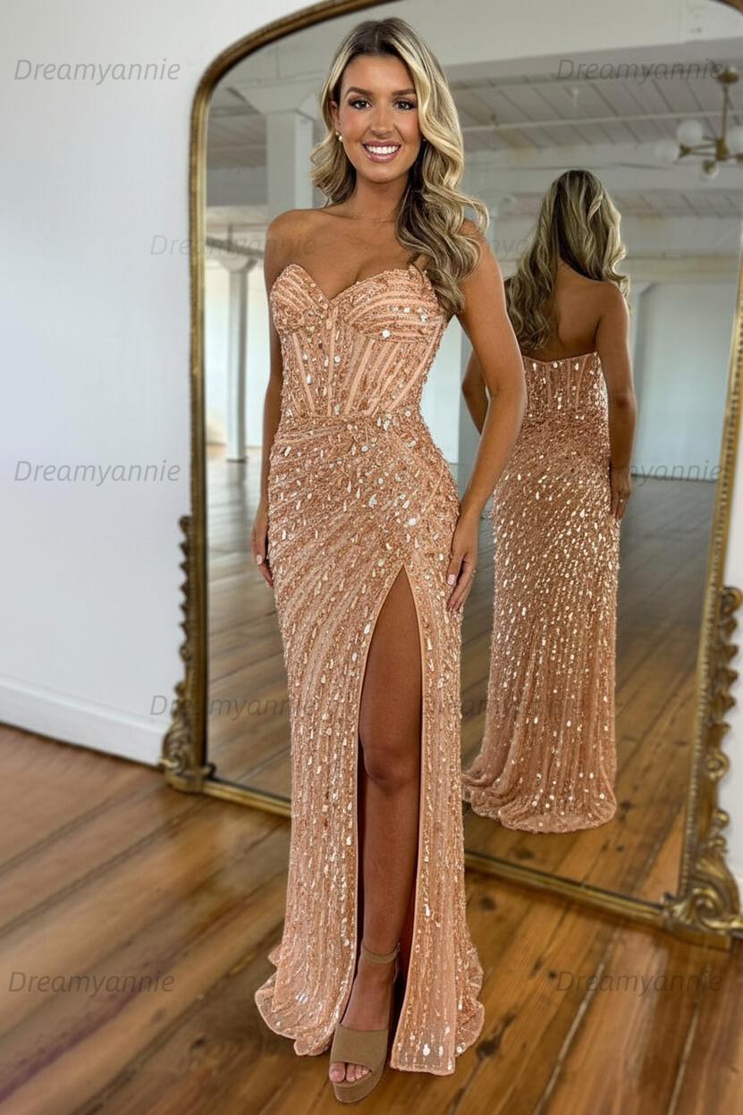 Sweetheart Mermaid Sequined Prom Dress With High Slit Skirt Formal Evening Gown