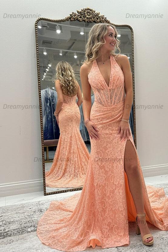Dreamyannie Halter Pink Prom Dress Long Lace Formal Dress With Slit