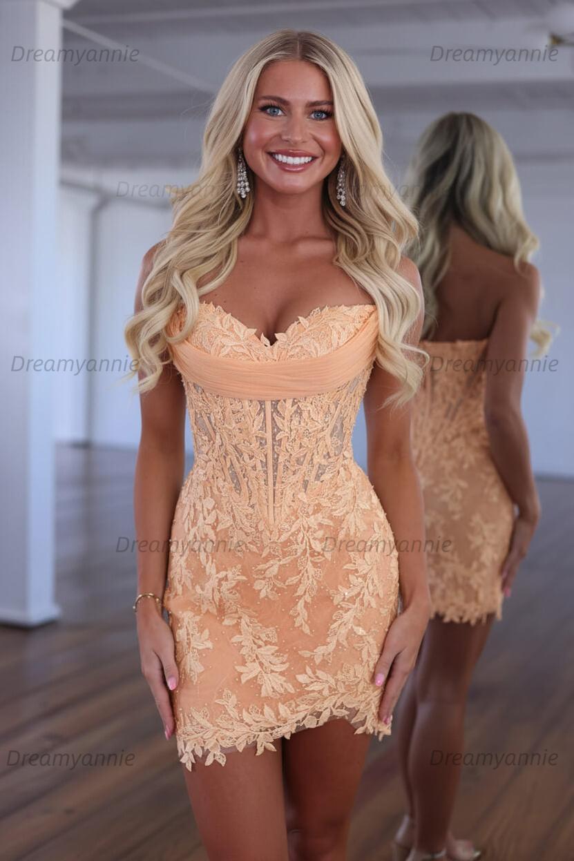 Red Lace Applique Strapless Corset Bodycon Homecoming Dress