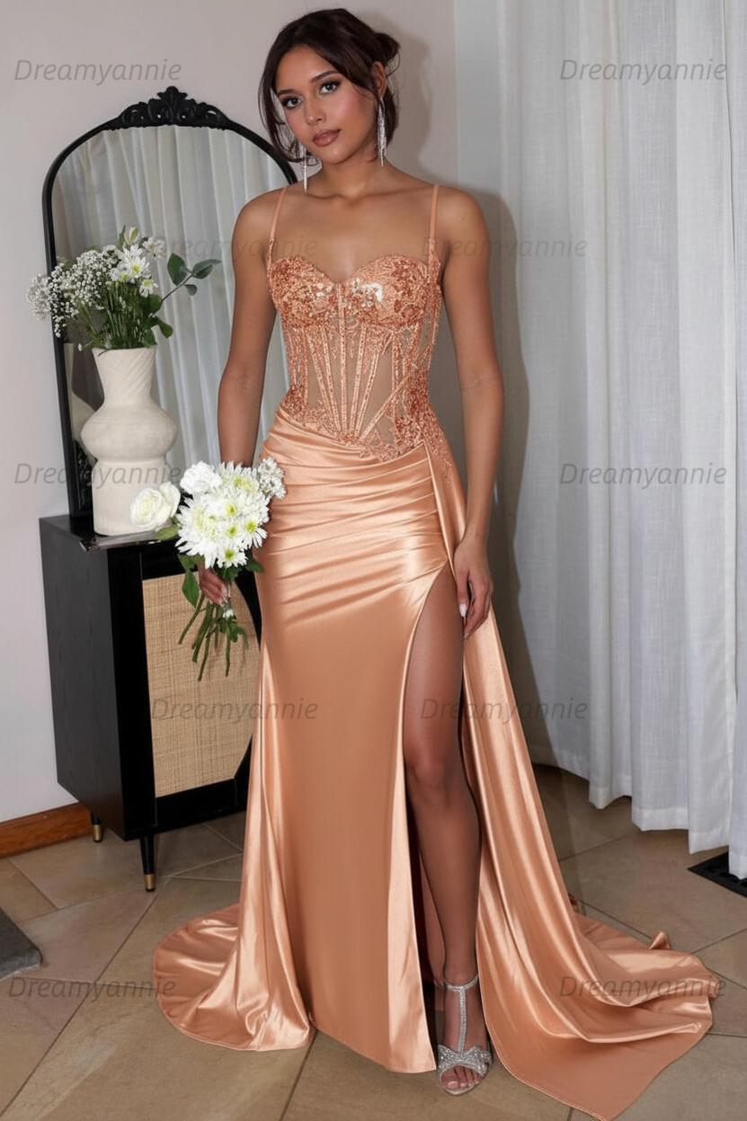 Corset Sequined Prom Dress Satin Appliqued Long Evening Dress With Slit