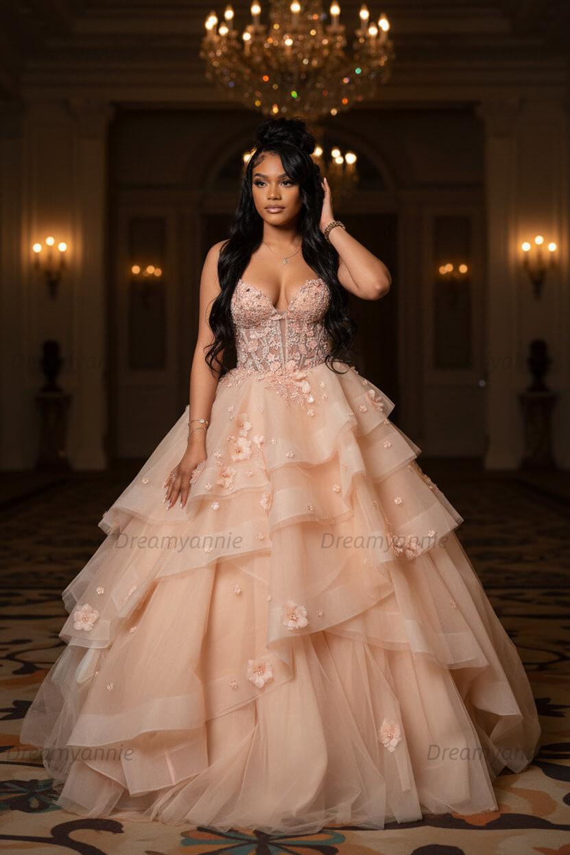 Dreamyannie Sage Prom Dress Floral Tiered Ruffles A-Line Sweetheart Corset Long Formal Dress