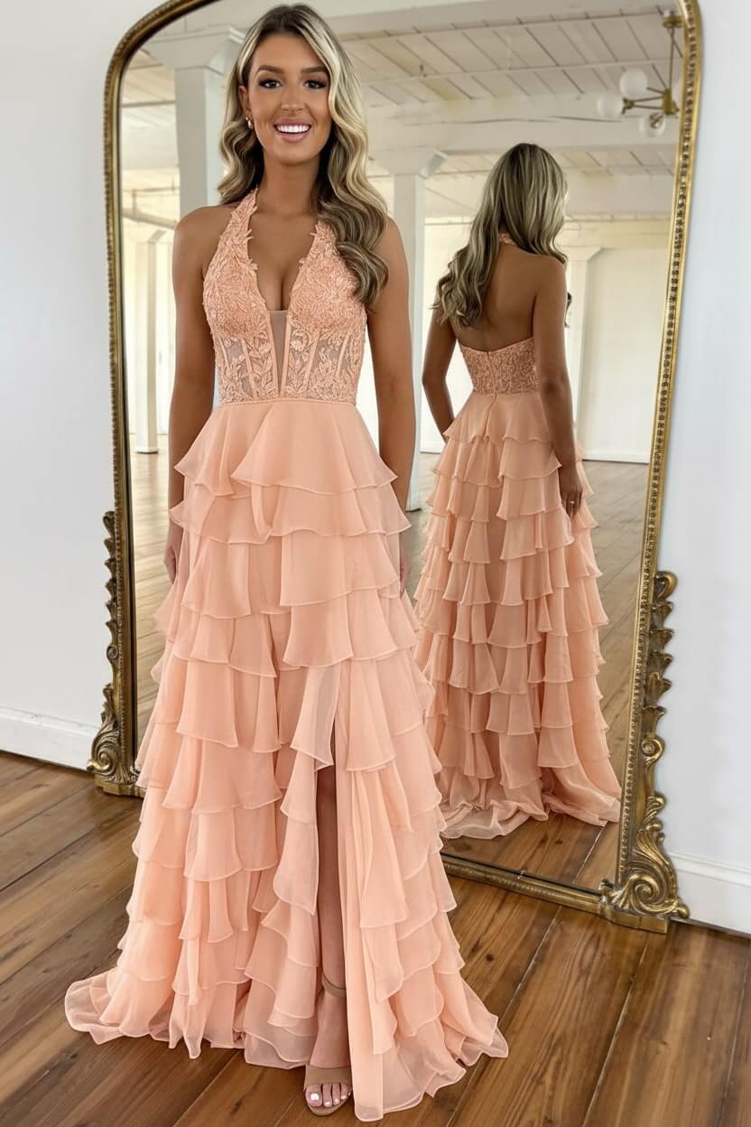 Dreamyannie Sky Blue Prom Dress Ruffled Halter Corset Formal Dress With Slit