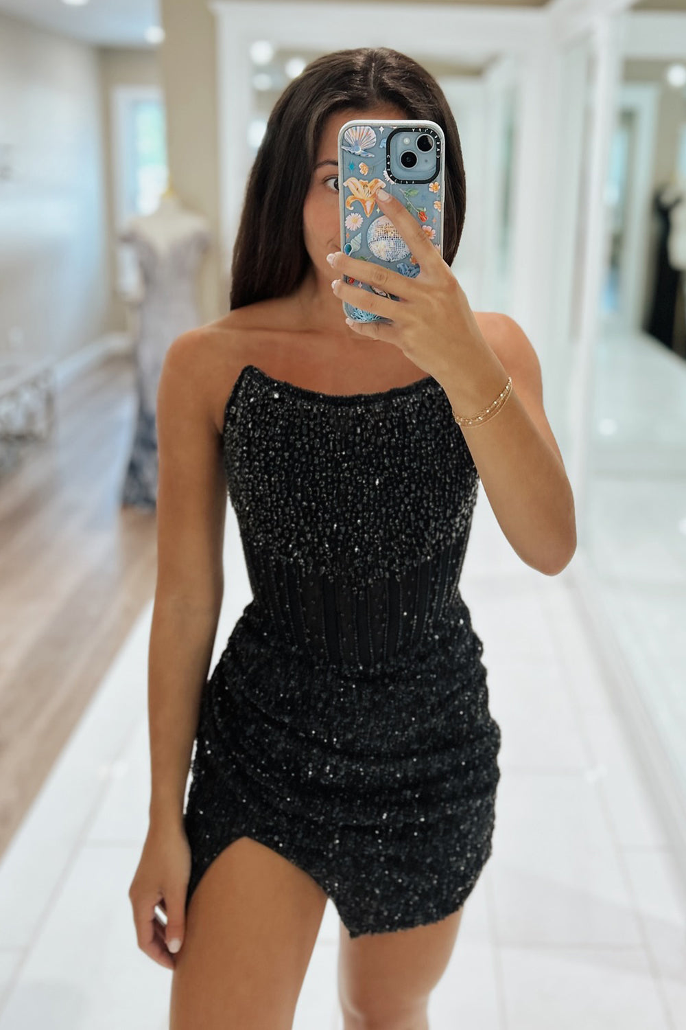 Peacock Blue Homecoming Dress Beaded Strapless Tight Short Cocktail Dresses