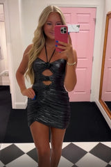 Peacock Blue Homecoming Dress Halter Satin Tight Short Prom Dress