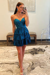 Peacock Blue Homecoming Dress Sweetheart Ruffled Short Cocktail Dresses