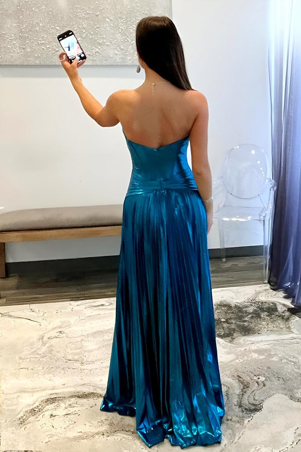 Golden A Line Metallic Corset Long Prom Dress with Slit