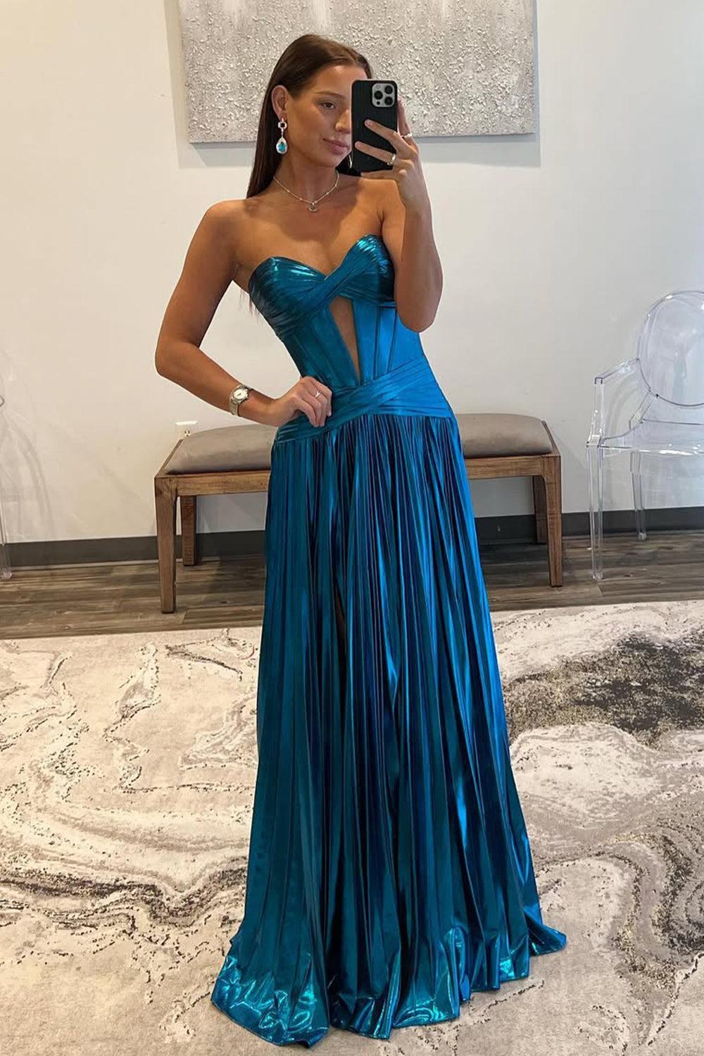 Golden A Line Metallic Corset Long Prom Dress with Slit