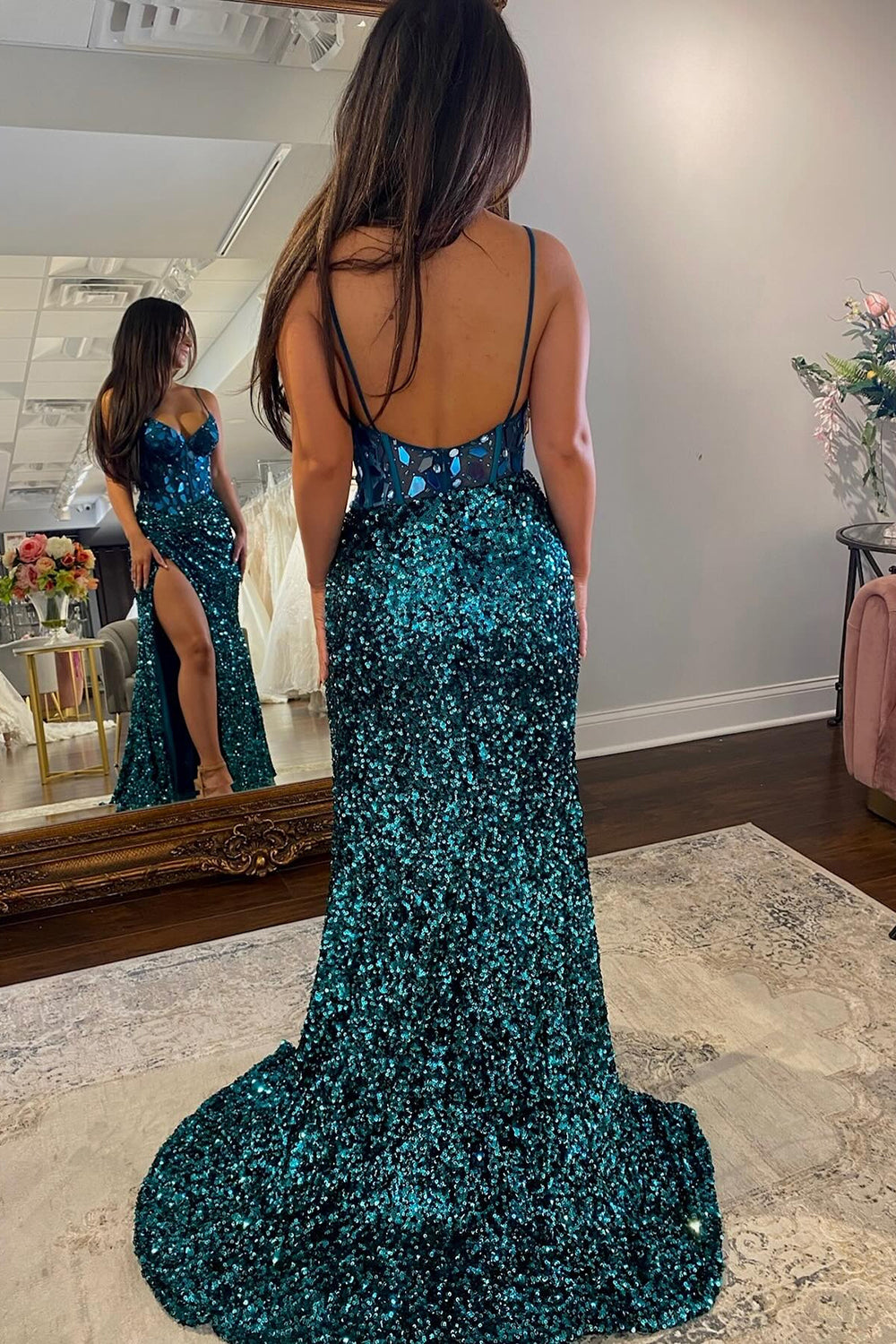 Peacock Blue Prom Dress Mirror Long Sequined Evening Dress with Slit