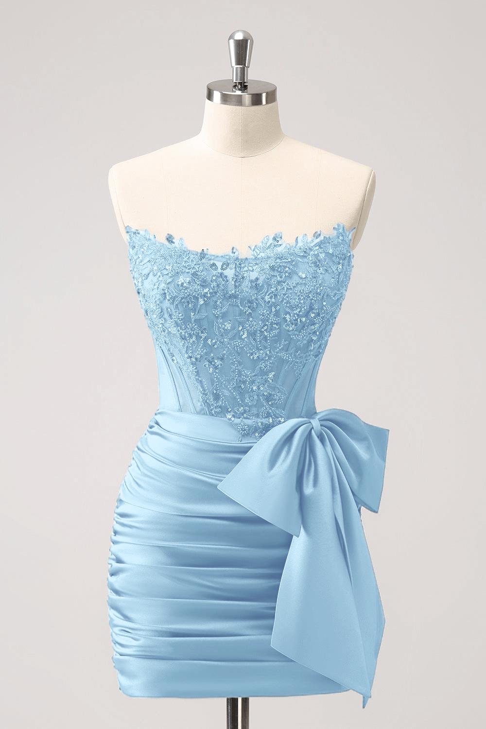Peacock Homecoming Dress Tight Strapless Beaded Short Cocktail Dresses with Bow