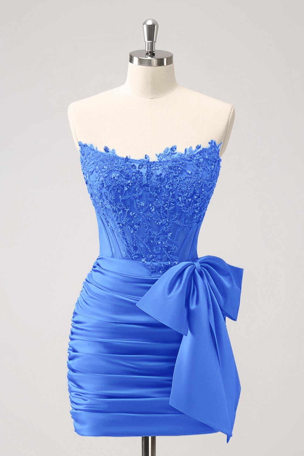 Peacock Homecoming Dress Tight Strapless Beaded Short Cocktail Dresses with Bow