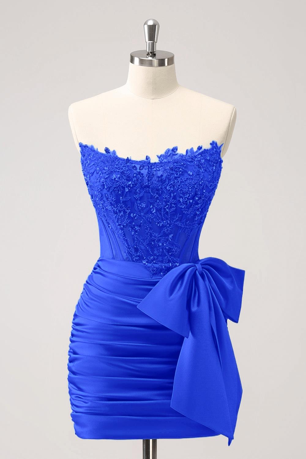 Peacock Homecoming Dress Tight Strapless Beaded Short Cocktail Dresses with Bow