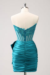 Peacock Homecoming Dress Tight Strapless Beaded Short Cocktail Dresses with Bow