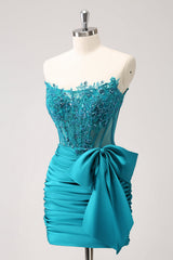 Peacock Homecoming Dress Tight Strapless Beaded Short Cocktail Dresses with Bow