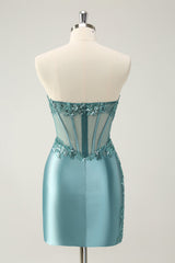 Peacock Strapless Corset Short Prom Dress with Appliques