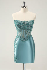 Peacock Strapless Corset Short Prom Dress with Appliques