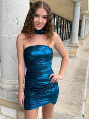 Strapless Metallic Bodycon Homecoming Dress with Flower