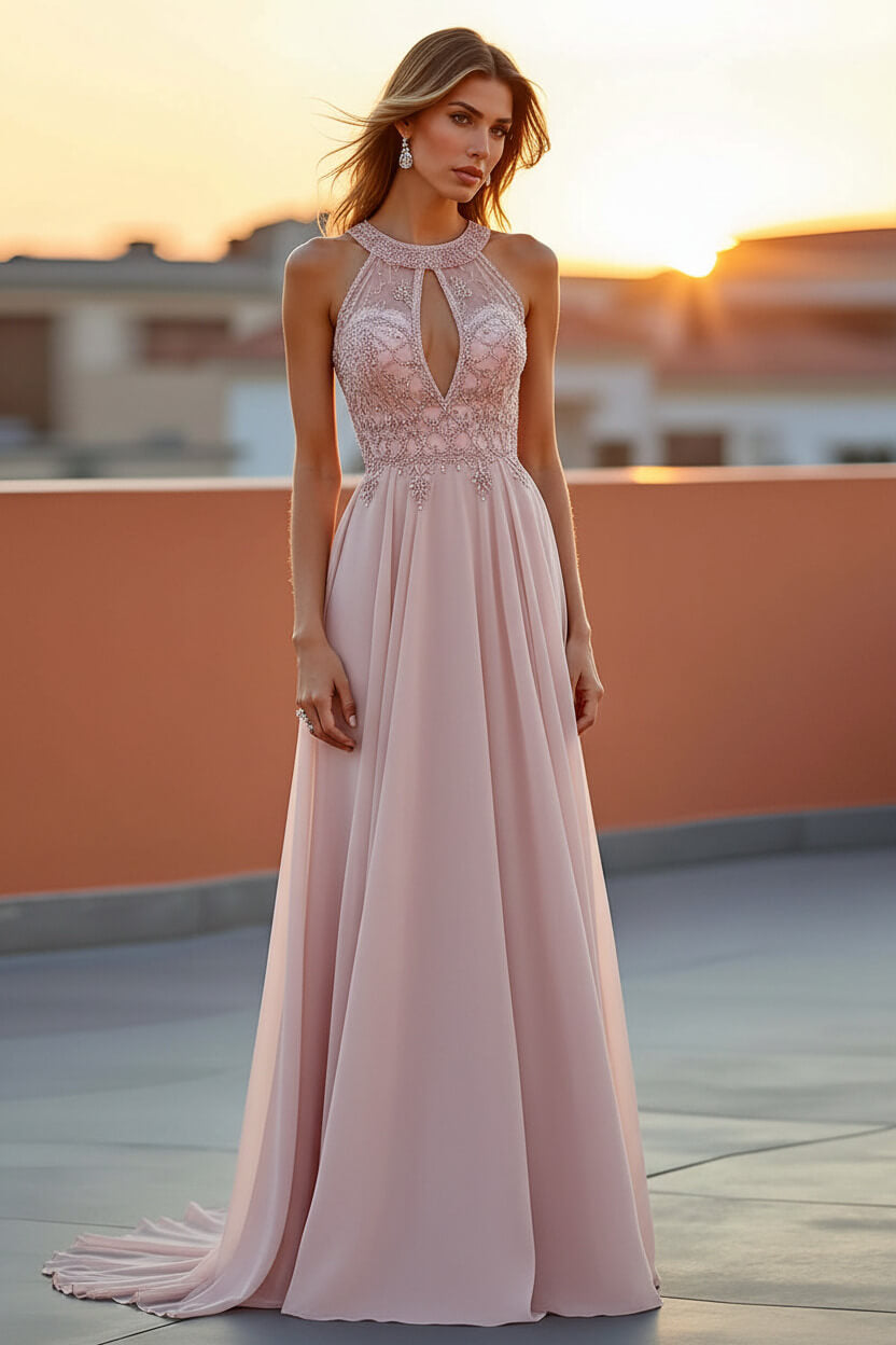 Dreamyannie Beaded Navy Wedding Guest Dress Halter Long Formal Dress With Embroideries