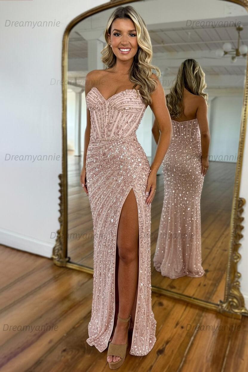 Sweetheart Mermaid Sequined Prom Dress With High Slit Skirt Formal Evening Gown