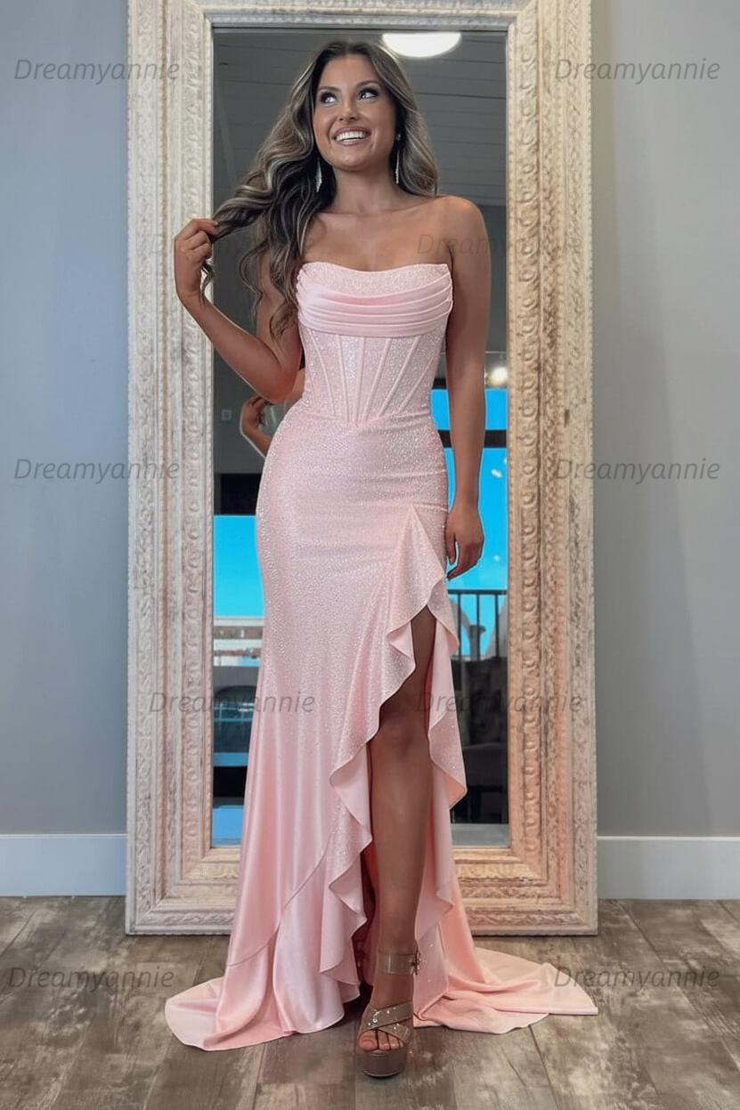 Hot Pink Beaded Prom Dress Strapless Corset Ruffled Formal Dress With Slit