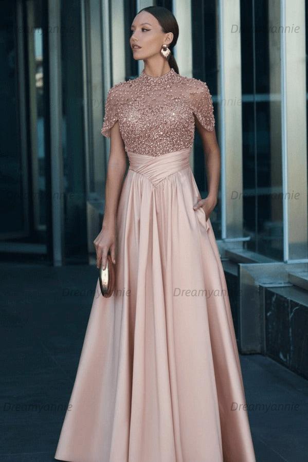 Green A Line Prom Dress Short Sleeve High Neck Beaded Formal Dress