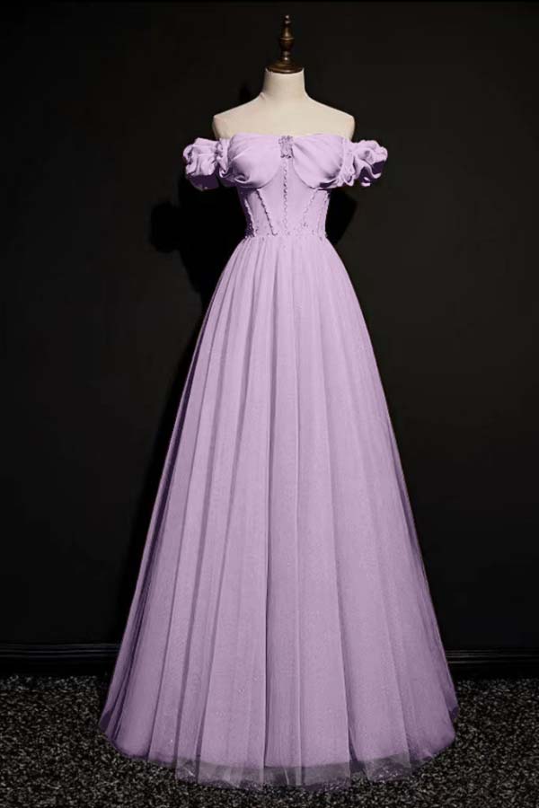 Pink A Line Off the Shoulder Prom Dress Beaded Formal Dress