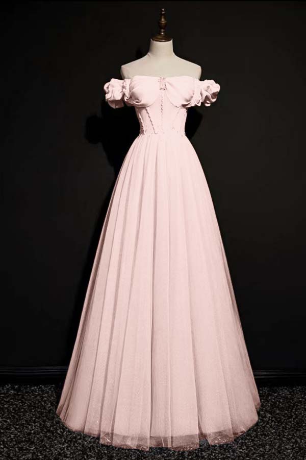 Pink A Line Off the Shoulder Prom Dress Beaded Formal Dress