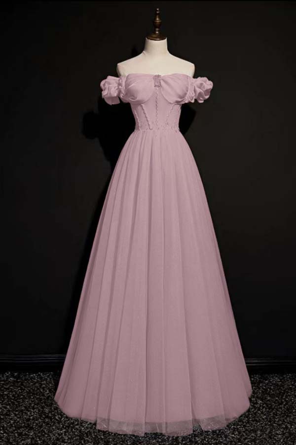 Pink A Line Off the Shoulder Prom Dress Beaded Formal Dress