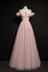 Pink A Line Off the Shoulder Prom Dress Beaded Formal Dress