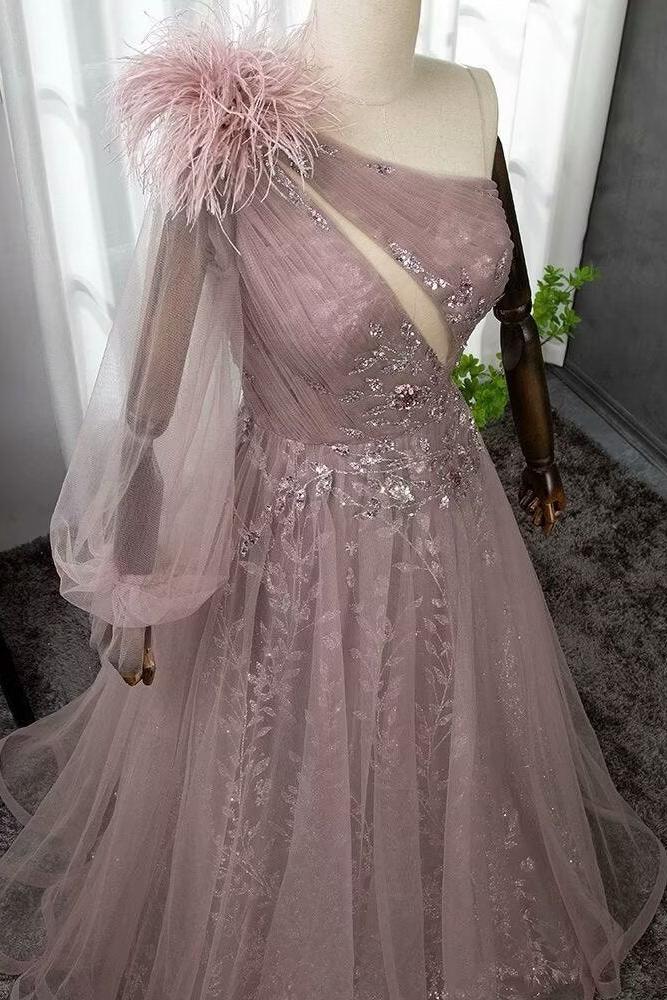 Pink A Line Prom Dress Long Sleeve One Shoulder Formal Dress With Lace Appliques
